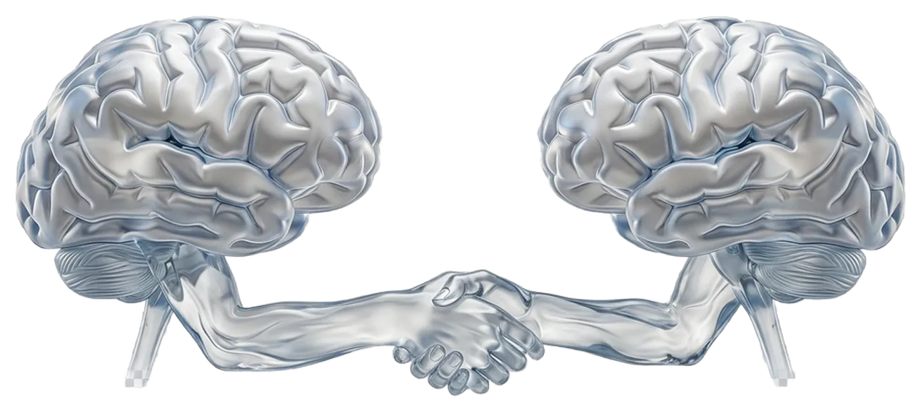 Two brains shaking hands — knowledge connects minds